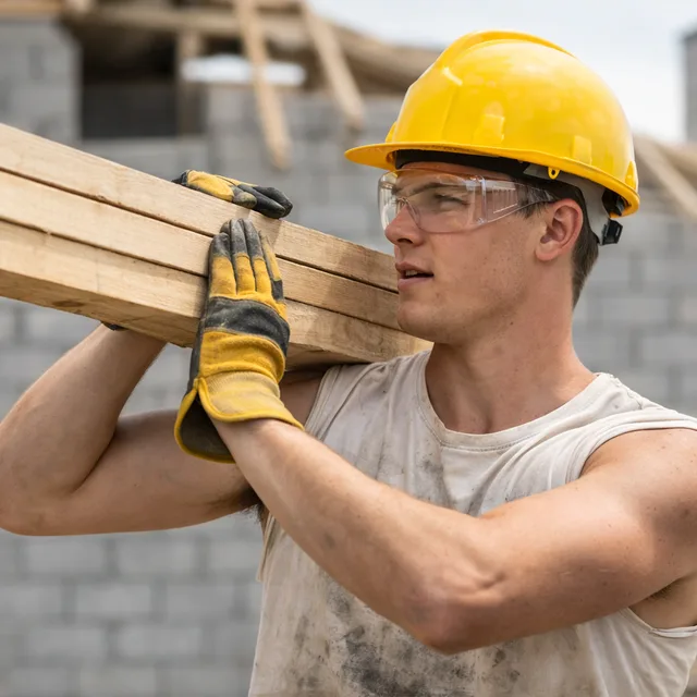 Artisan portant des planches sur un chantier