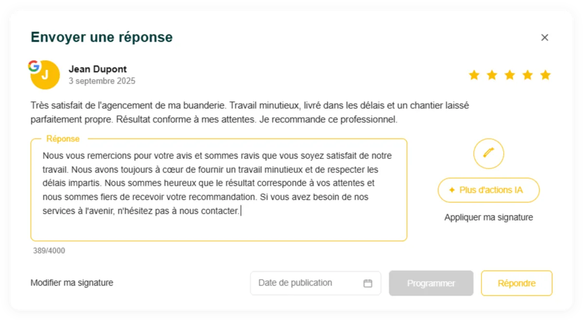 Aperçu de l'interface OPRA IA : génération automatique d'une réponse à un avis Google