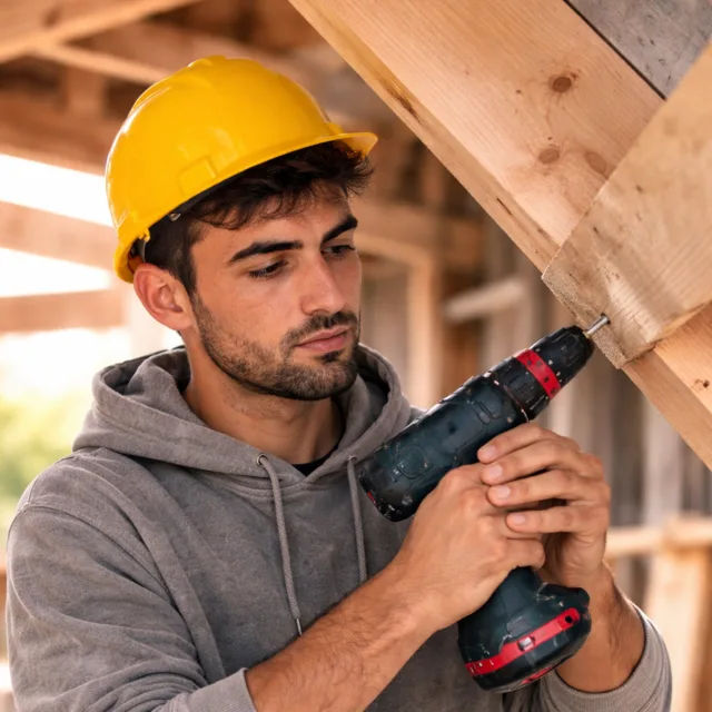 Artisan avec perceuse sur un chantier